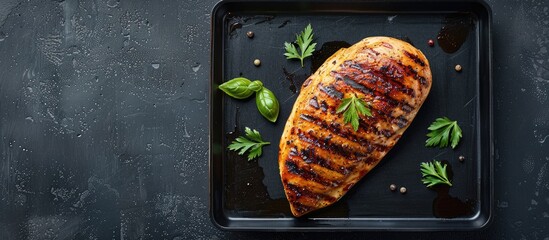 Poster - A view from above of a grilled chicken breast presented on a sleek black tray with ample copy space image.