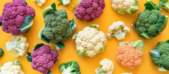 Poster - Top view of colorful cauliflower in macro texture against a yellow background for an agricultural harvest theme with simulation for use as a copy space image.