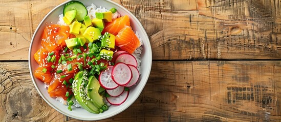 Aufkleber - Hawaiian poke bowl featuring raw fish with rice, avocado, cucumber, and radish on a wooden surface with ample copy space image.