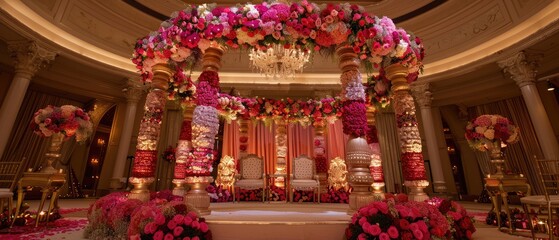 hindu wedding mandap illustration featuring a beautifully decorated structure with pink and red flowers and two chairs inside