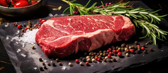 Aufkleber - A succulent uncooked beefsteak being prepared in a kitchen, with basil leaves, tomatoes, and spices placed on a marble surface, creating a delectable and juicy copy space image up close.