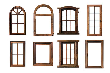 A collection of industrial-style vintage wooden window frames on a clean white background