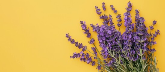 Poster - A flatlay of a lavender flower bouquet on a yellow background with copy space image, perfect for lavender aromatherapy promotion.