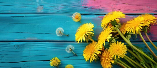 Aufkleber - Dandelions in yellow on colorful wooden backdrop with copy space image.