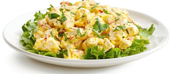 Wall Mural - Low-angle view of a plate with homemade Coronation Chicken Salad on a white background, providing space for additional image elements.