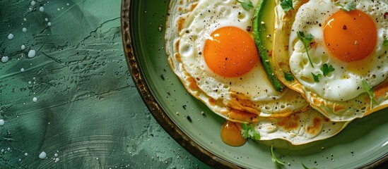 Poster - Close-up of a crepe topped with fried eggs, avocado, and cheese on a vintage green plate against a matching green backdrop, featuring copy space image.