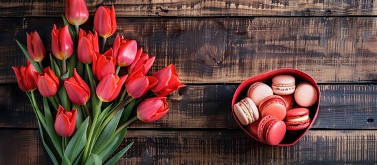 Poster - A festive Valentine's Day greeting card featuring a bouquet of red tulip flowers, heart-shaped gift box with macaroons, set on a wooden background, top view with ample copy space image.