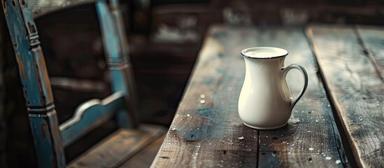 Aufkleber - A jug of milk sitting on a dark wooden table with copy space image available.