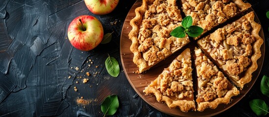 Poster - Top view of apple crumble pie slices on a wooden board with ample copy space image.