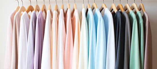 Poster - Copy space image of pastel-colored t-shirts on a wooden hanger against a white backdrop in a closet or on a clothing rack.