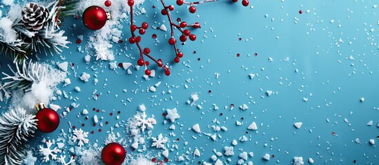 Canvas Print - Design elements for advertisements with a blue background featuring artificial white snow, intertwined with Christmas and New Year themes, creating a festive vibe for copy space images.