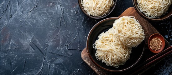 Poster - Homemade organic Chinese Alkaline egg noodles with an Asian food concept on a black background, perfect for a copy space image.