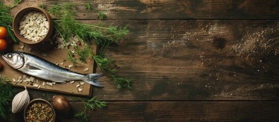 Poster - A rustic top-view background featuring a meal with herring slices on a table, creating a food setting with ample copy space for an image.