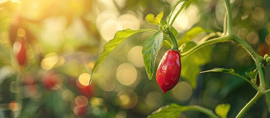 Poster - Ripe red chili on a chilli plant in a garden, with a blurred background, perfect for food and vegetable copy space image.