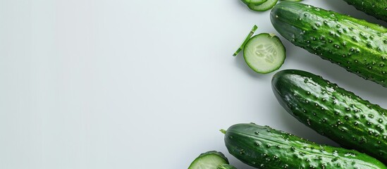 Poster - Fresh cucumbers displayed from a close-up, top-down perspective on a white backdrop, with space for additional content or graphics in the shot.