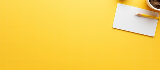 Aufkleber - Yellow background with computer mouse, pens, felt-tip pens, and a notepad with KEEP IT SIMPLE text for a professional copy space image.