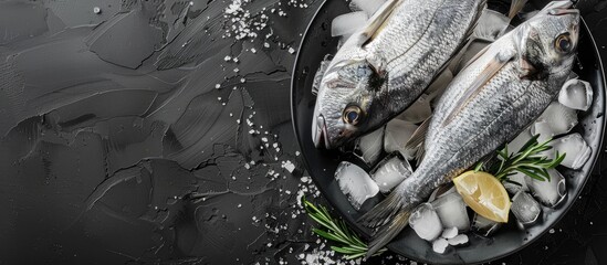 Poster - Top view of a gray round plate on a black background with fresh dorado fish on ice, providing organic cooking ingredients for a seafood restaurant, with copy space image available.