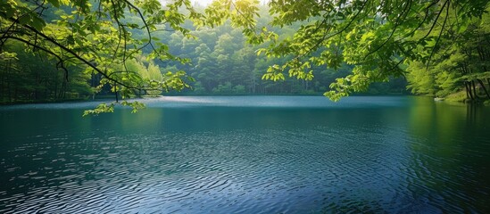 Poster - Local park features a serene lake surrounded by a picturesque forest, ideal for leisurely strolls and enjoying nature's beauty with a copy space image.