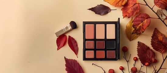 Poster - Stylish autumn makeup palette displayed in a minimalist flat lay arrangement with copy space image.