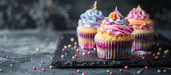 Poster - Unicorn cupcakes creatively displayed on a black slate with ample copy space image.