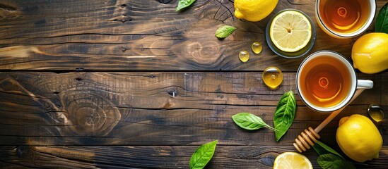 Poster - Wooden table with copy space image featuring lemon honey tea.