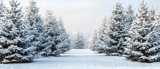 Poster - Winter scene of a snowy forest with Christmas trees, conveying a festive holiday atmosphere for Christmas and New Year celebrations, featuring ample copy space image.