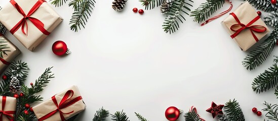 Aufkleber - Festive holiday arrangement with presents, evergreen branches, and red ornaments on a white backdrop. Features a winter theme with space for text or images.