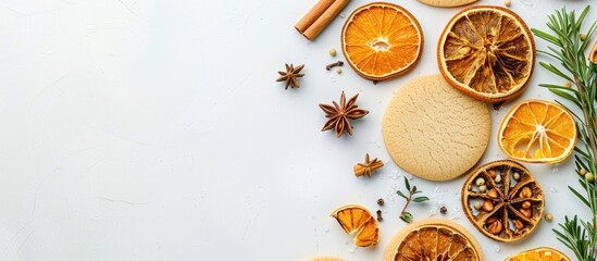 Poster - Festive arrangement featuring cookies, dried oranges, cinnamon sticks, and herbs on a white backdrop. Ideal for cooking or as Christmas home decoration. Top-down view with space for text or images.