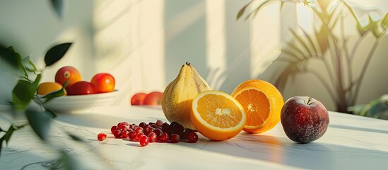 Poster - Fresh sliced fruits on a table in the afternoon, with a background that leaves space for an image.