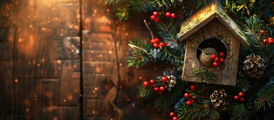 Fototapete - A festive scene features a fir branch, birdhouse on wood background, ideal for adding text or images in the empty space.