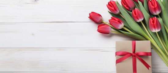 Poster - Valentine's Day concept featuring a bunch of red tulips, a present, and a white wooden backdrop with copy space image.