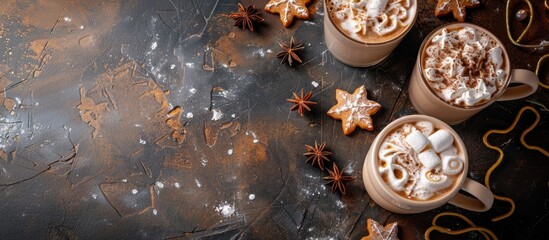 Aufkleber - Christmas cocktail with marshmallow and gingerbread cookies on a stone table in a flat lay image from above with copy space.