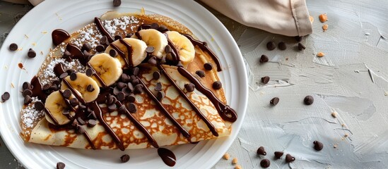 Poster - A homemade crepe filled with nut spread, banana, and chocolate, topped with chocolate custard, chocolate sauce, and chocolate chips, displayed in a top-view copy space image.