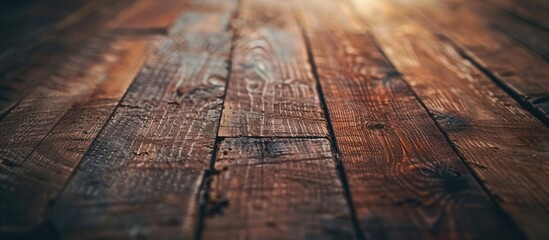 Wall Mural - Macro shot of vintage-style wooden table with grain texture providing an empty surface for abstract backgrounds, wallpapers, and design with copy space image.