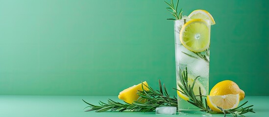 Poster - Refreshing carbonated beverage featuring lemon and rosemary on a green backdrop with a copy space image.