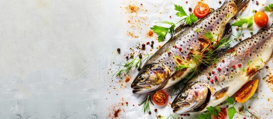 Poster - Baked trout with a side of garnish and a blank copy space image.
