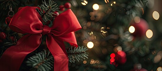 Aufkleber - Merry Christmas! A close-up of a red bow on a Christmas tree with decorations and lights in the background, perfect for a copy space image.