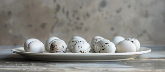 Poster - White porcelain plates presented with a display of quail eggs, ideal for showcasing with a copy space image.