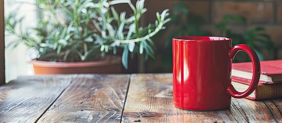 Aufkleber - Large red mug and book on a desk with copy space image.