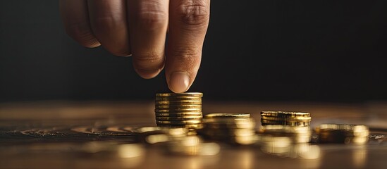 Poster - A hand neatly arranges gold coins on a wooden table against a black wall, reflecting concepts of finance, business growth, and savings with a blurred background to use as a copy space image.