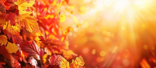 Poster - Fall foliage with red and yellow hues, bathed in sunlight, creating a backdrop with space for text or images.
