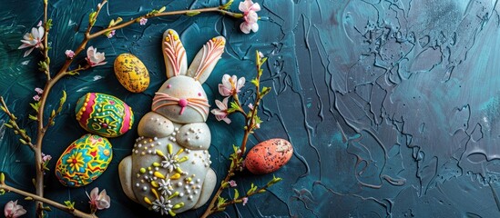 Canvas Print - Colorful bunny cookie, Easter Orthodox sweet bread, cottage cheese kulich in one delightful copy space image.