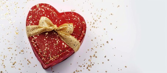 Poster - Red gift box with gold glitter detail on a white backdrop for Valentine's Day, heart-shaped with copy space image.