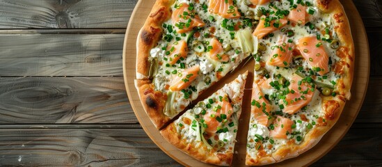 Poster - Traditional Brazilian pizza with salmon, leek, and cream cheese displayed in a top-view composition on a wooden background close-up, featuring copy space image.