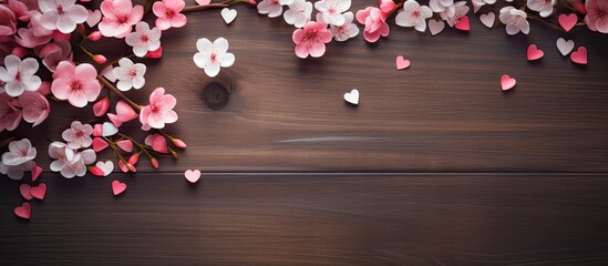 Wall Mural - Valentine's day, Mother's day, Women's day, Birthday background on dark wood with hearts for Spring flat lay with a top view and a love expression in the copy space image.