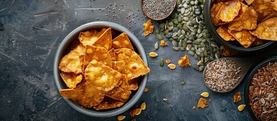 Wall Mural - Crispy cereal with flax seed, pumpkin, sunflower, and sesame for a healthy diet. Image with copy space.