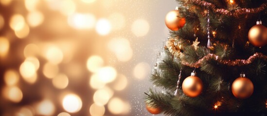 Aufkleber - Close-up festive composition with a decorated Christmas tree surrounded by soft yellow lights and a bokeh effect background, featuring new year holiday decorations and offering copy space image.