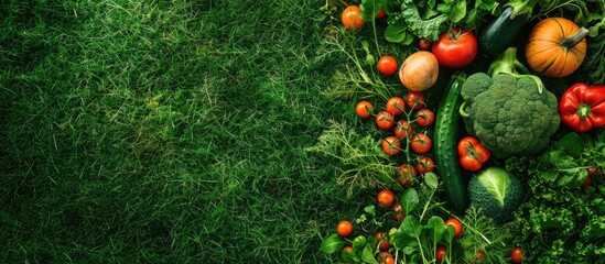 Poster - Fresh vegetables arranged on green grass in a garden, with an empty space for incorporating images.