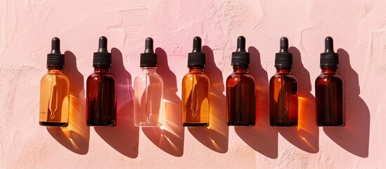 Canvas Print - Cosmetic liquid bottles in a line on a powdery backdrop create shadows in a flat lay, providing room for text or images.