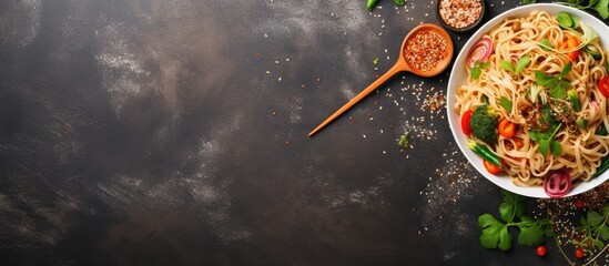 Poster - Top view of healthy Asian noodles and vegetables ideal for vegan and vegetarian diets, displayed with panoramic style and room for copy space image.